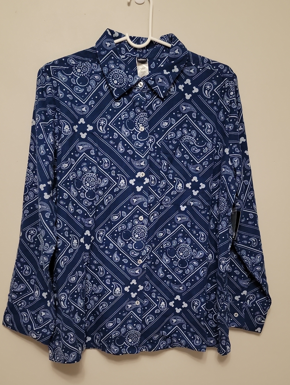 Disney Women's Blue Bandana-Print Mickey Mouse Button Front Linen Blend Shirt